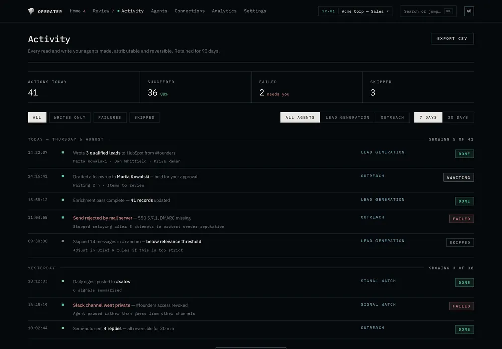 The Operater activity log: every action the agents took, attributable to the agent that took it.
